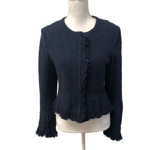 Derek Lam 10 Crosby Tweed Full Zip Jacket Womens 10 Navy Blue Fringe Business